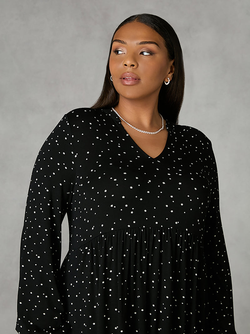 Mono Star Print Jersey Nehru Collar Relaxed Dress