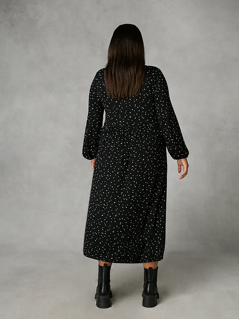 Mono Star Print Jersey Nehru Collar Relaxed Dress