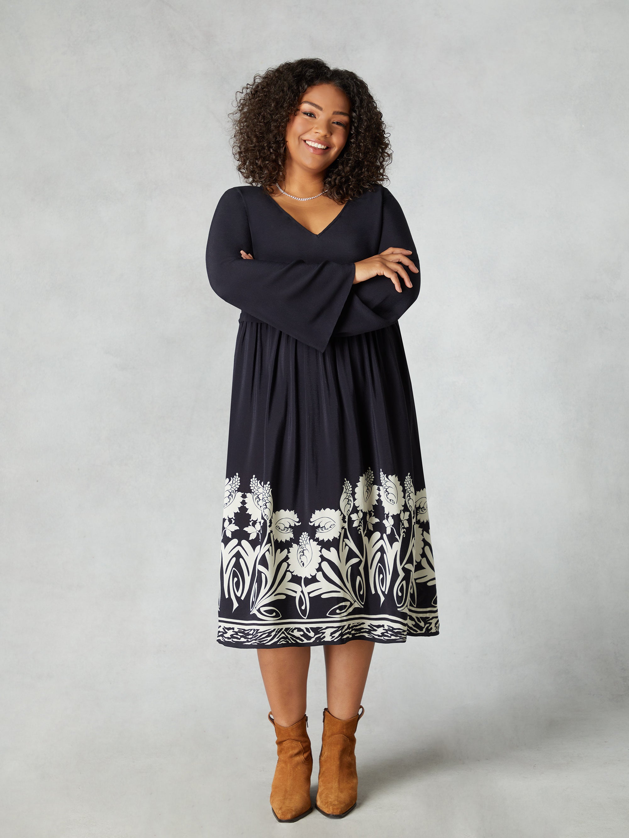 Black Border Print V-Neck Dress