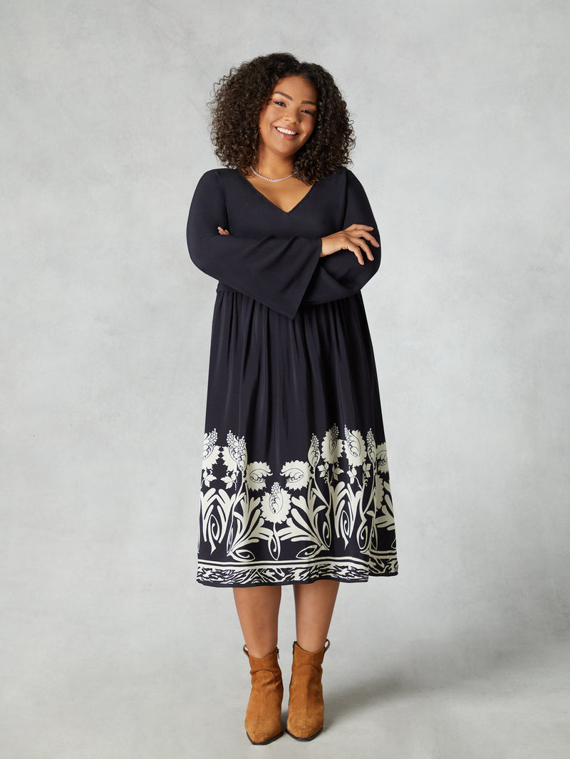 Black Border Print V-Neck Dress