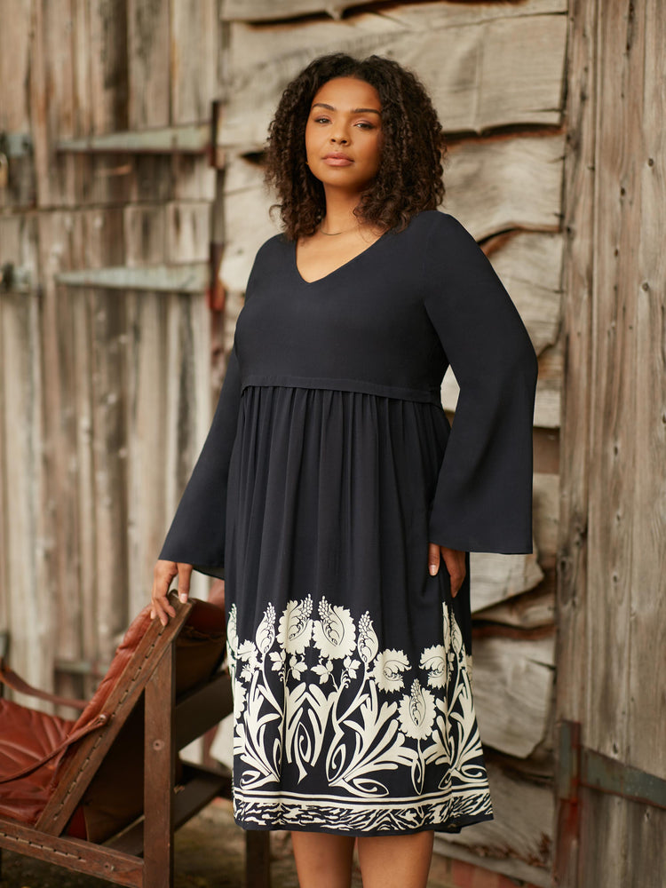 Black Border Print V-Neck Dress - Main Image