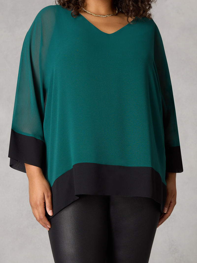 Green Chiffon Contrast Hem Overlay Top