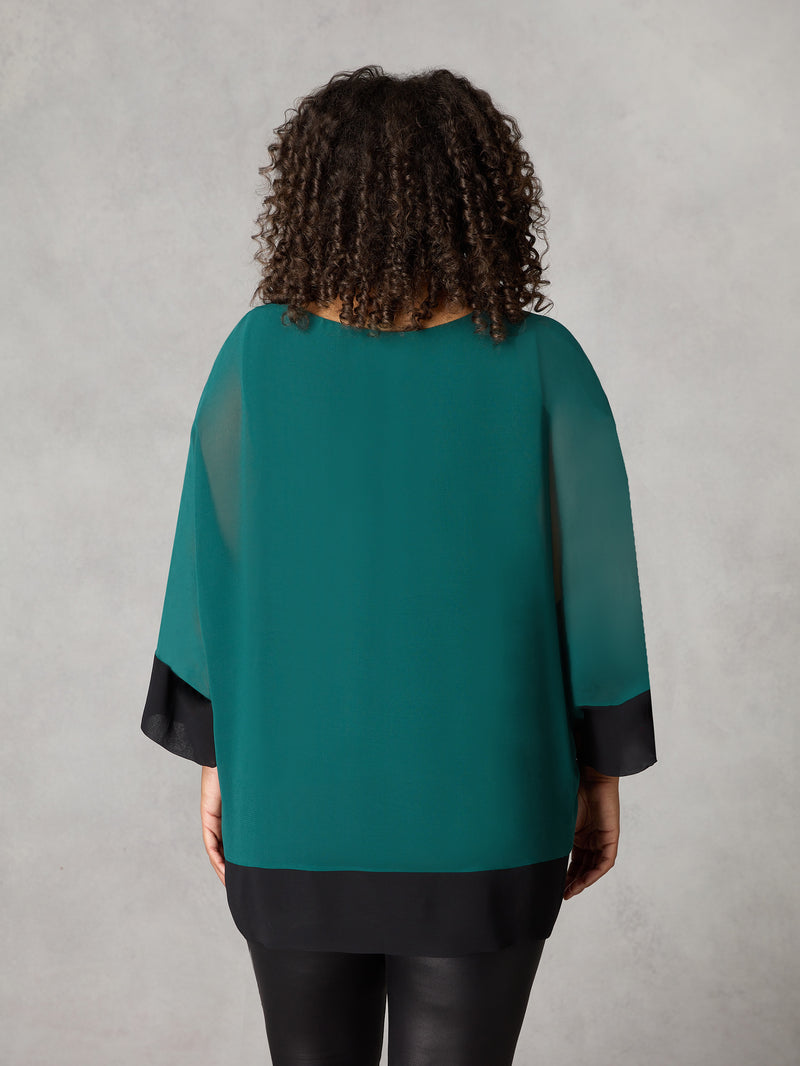Green Chiffon Contrast Hem Overlay Top