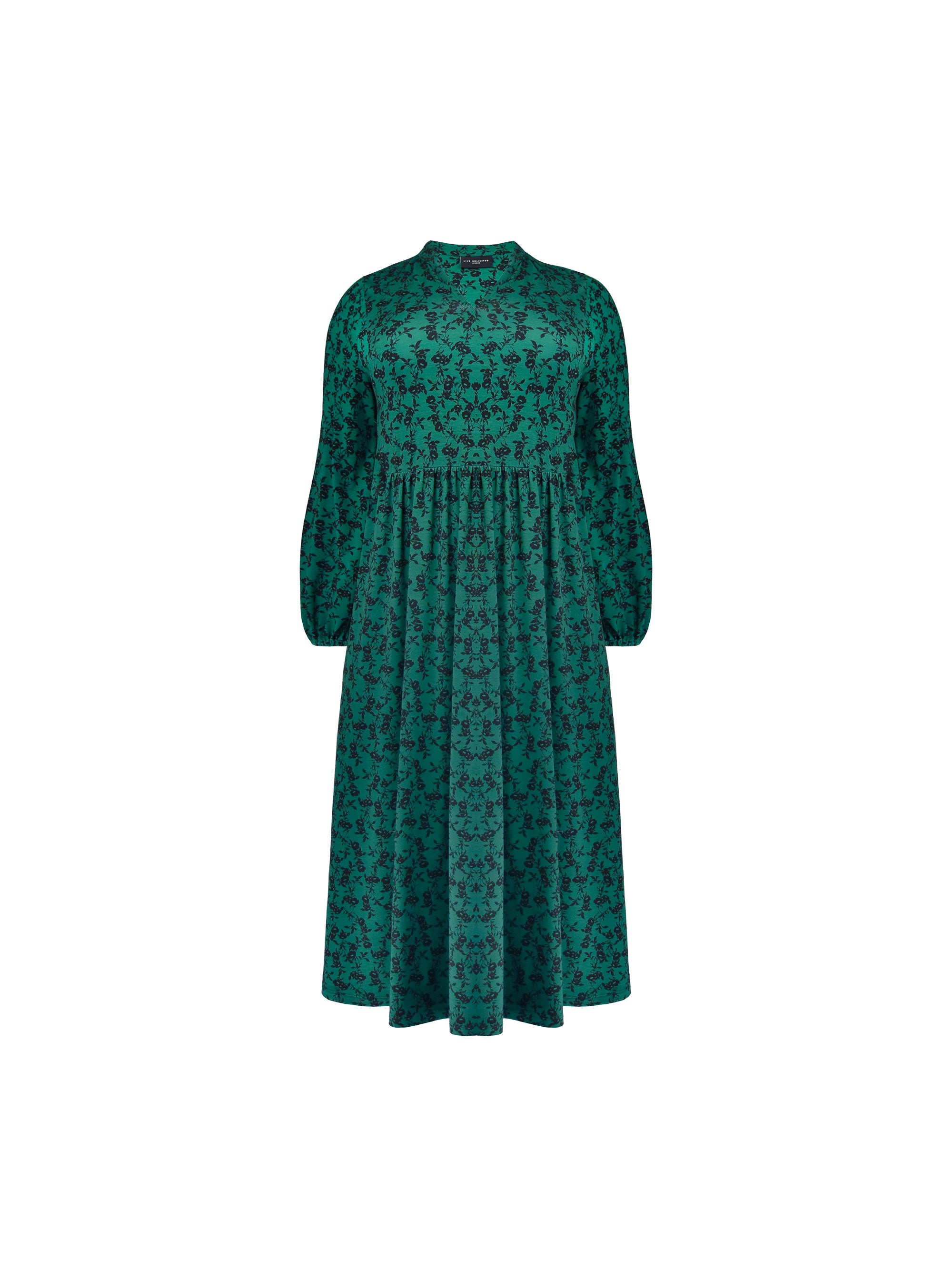Green Floral Print Jersey Nehru Collar Relaxed Dress