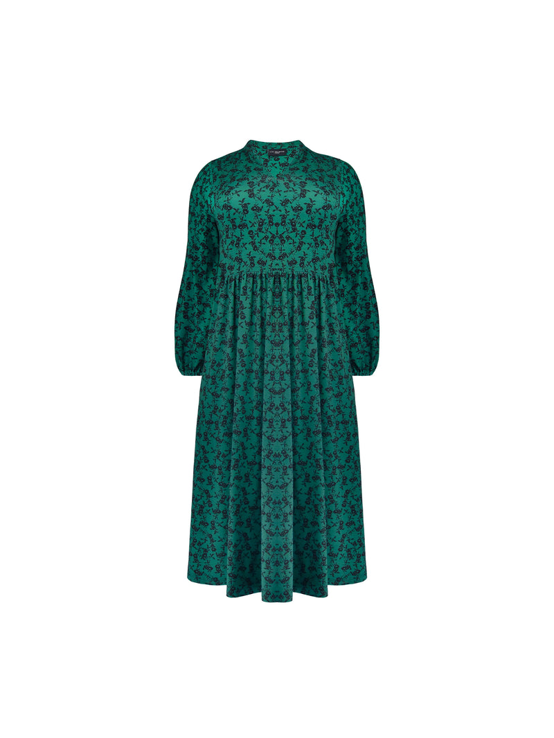 Green Floral Print Jersey Nehru Collar Relaxed Dress
