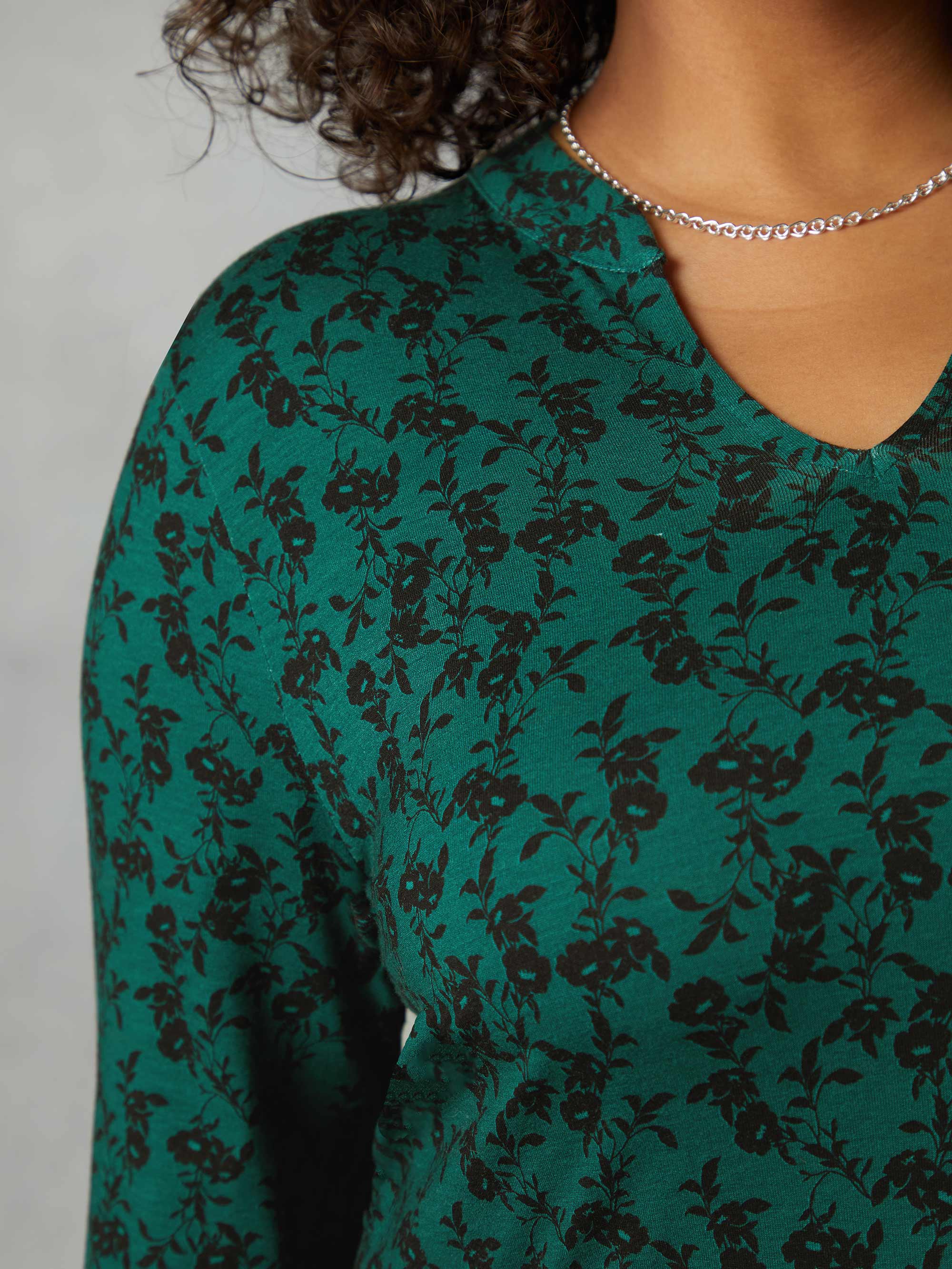 Green Floral Print Jersey Nehru Collar Relaxed Dress