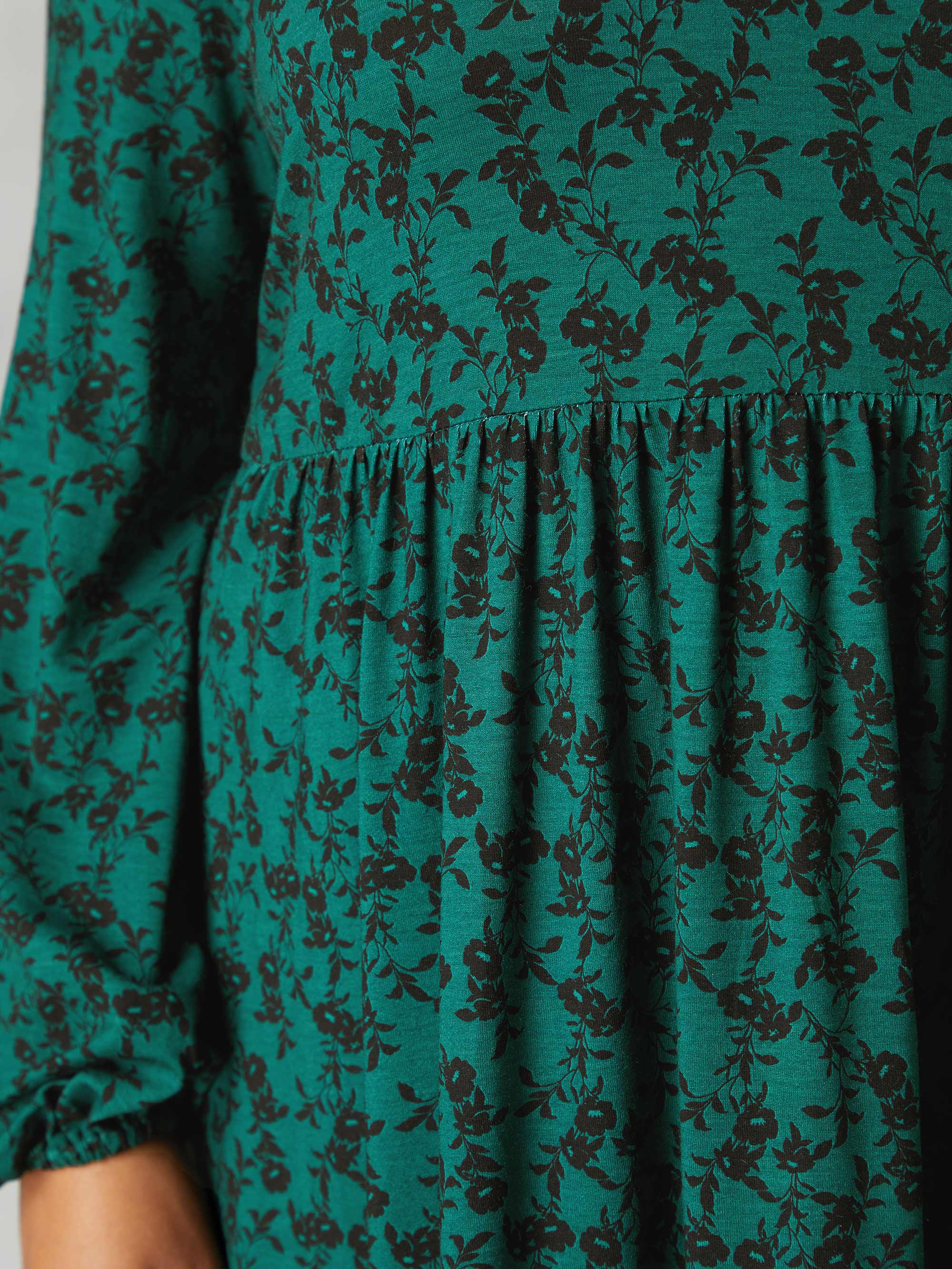 Green Floral Print Jersey Nehru Collar Relaxed Dress Green Floral Print Jersey Nehru Collar Relaxed Dress