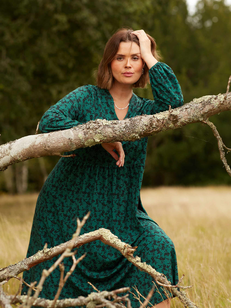 Green Floral Print Jersey Nehru Collar Relaxed Dress