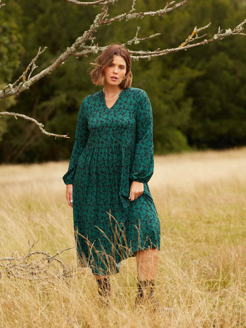 Green Floral Print Jersey Nehru Collar Relaxed Dress