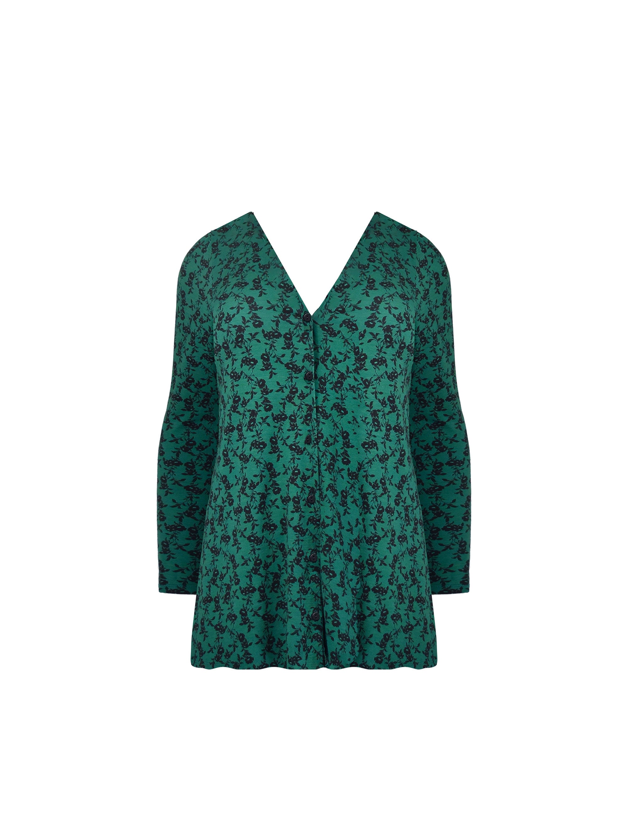 Green Floral Print Jersey Button Through Shirt