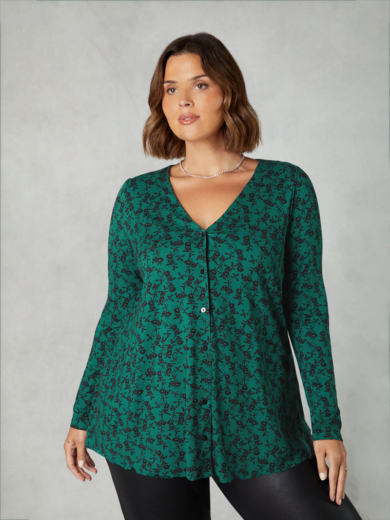 Green Floral Print Jersey Button Through Shirt
