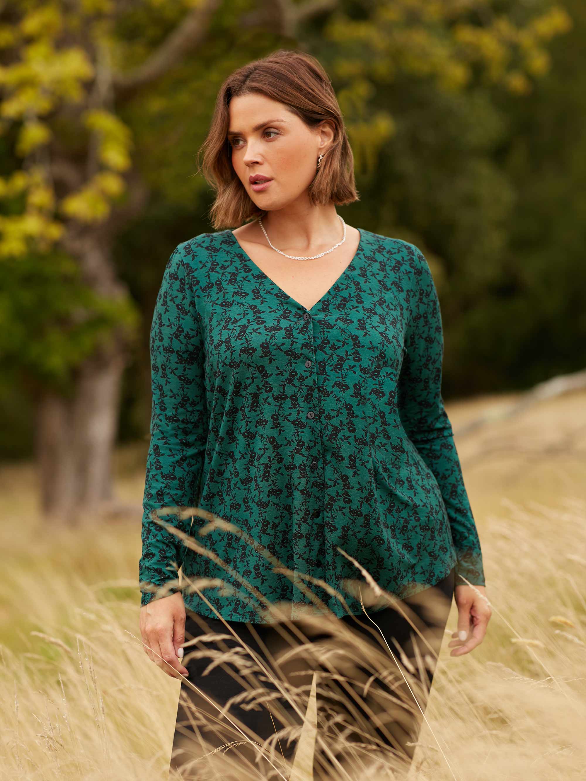 Green Floral Print Jersey Button Through Shirt