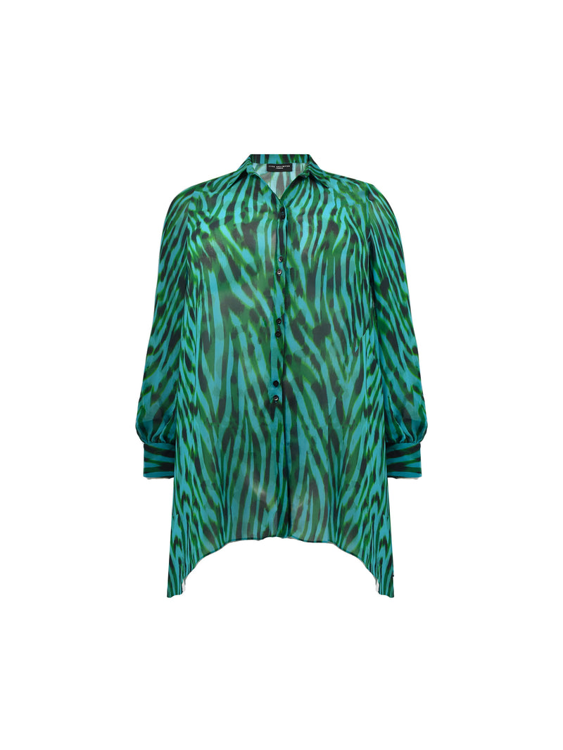 Green Animal Print Button Through Hanky Hem Shirt