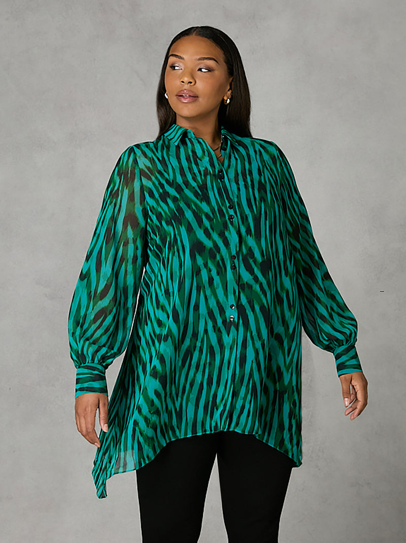 Green Animal Print Button Through Hanky Hem Shirt
