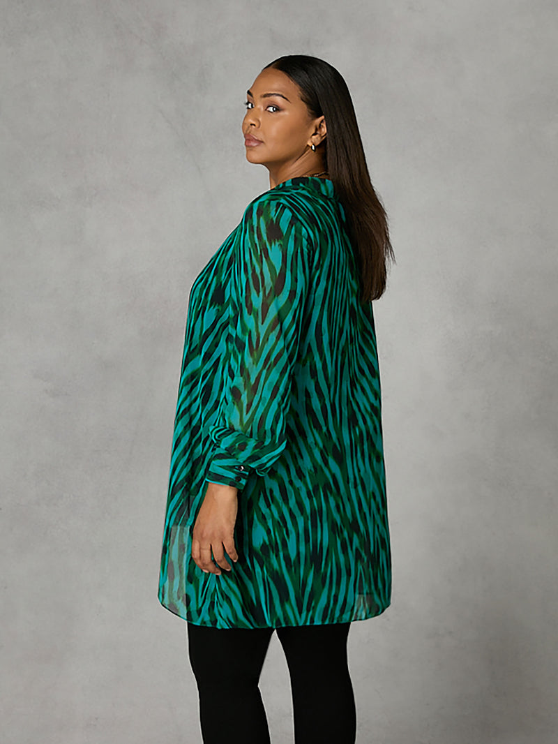 Green Animal Print Button Through Hanky Hem Shirt