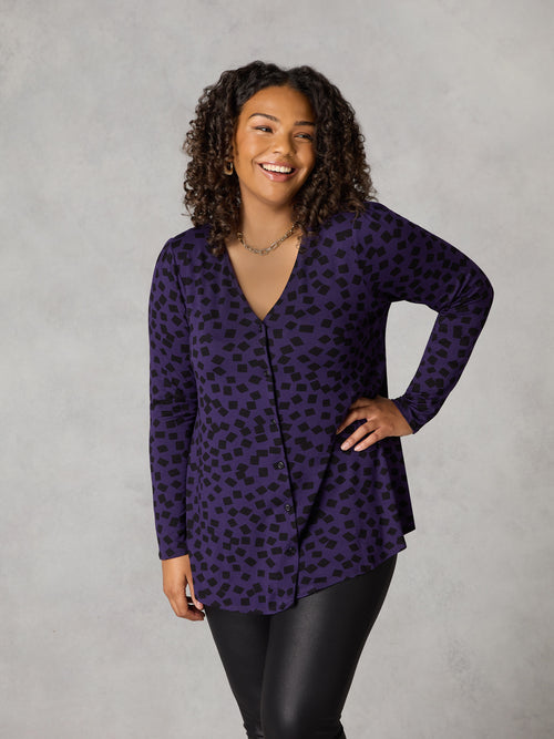 Purple Dash Print Jersey Button Through Shirt