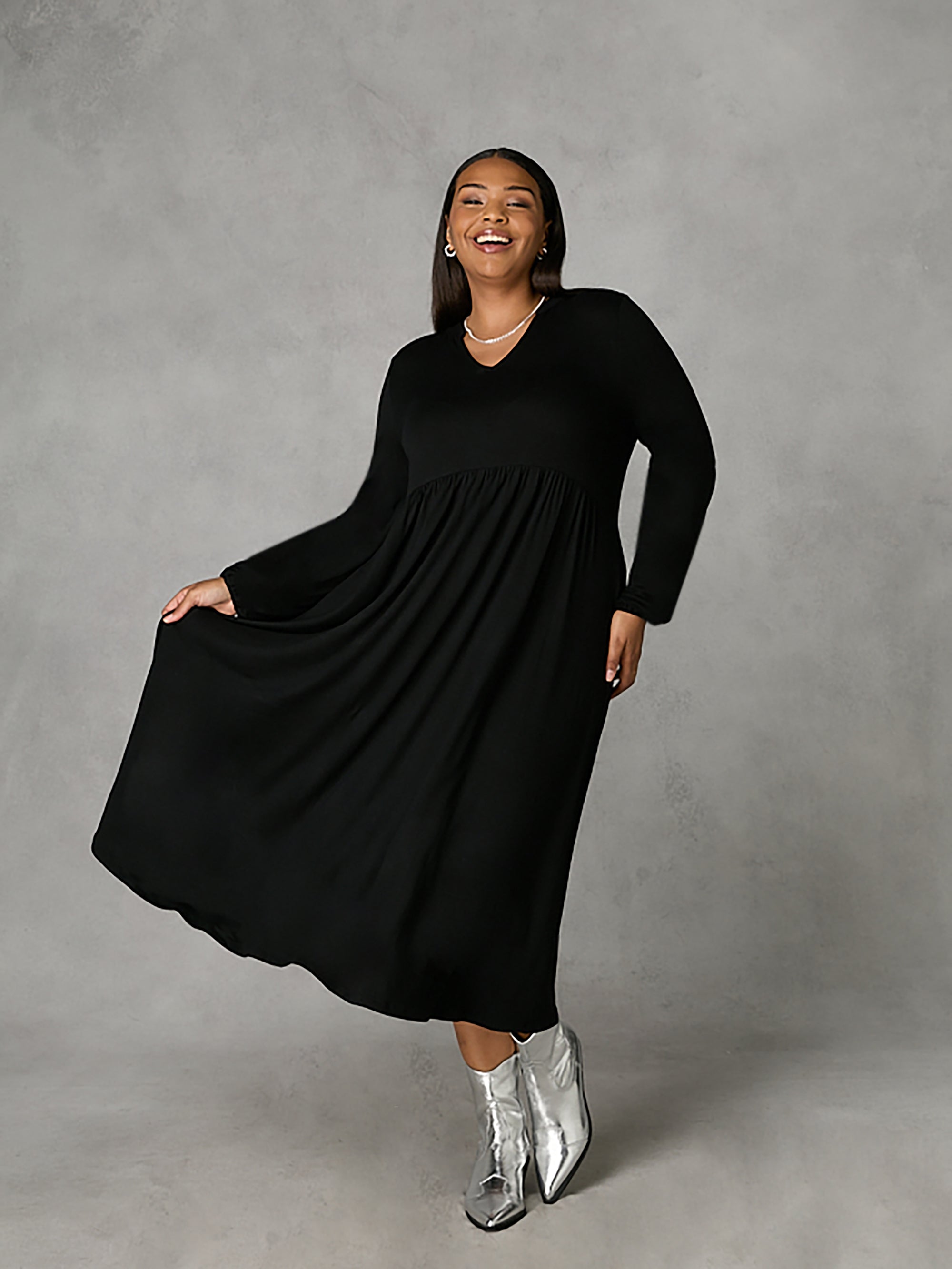 Black Jersey Nehru Collar Relaxed Dress