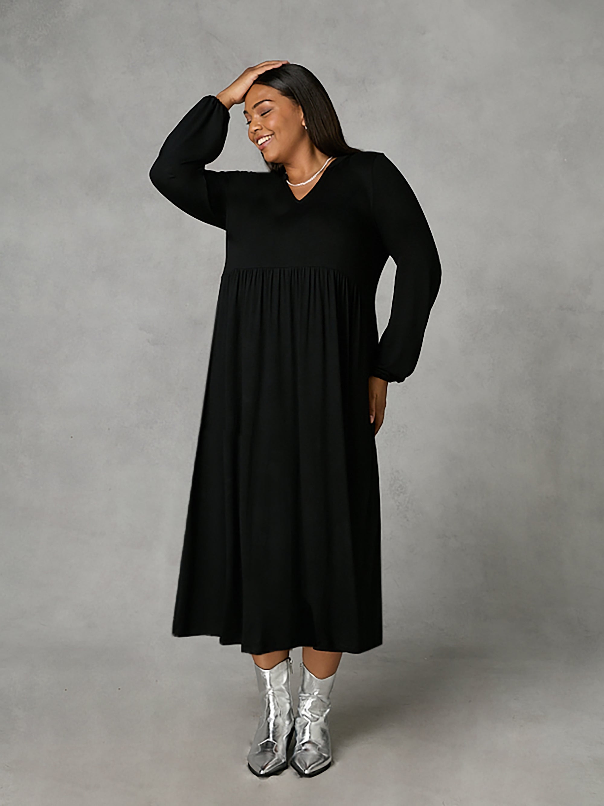 Black Jersey Nehru Collar Relaxed Dress