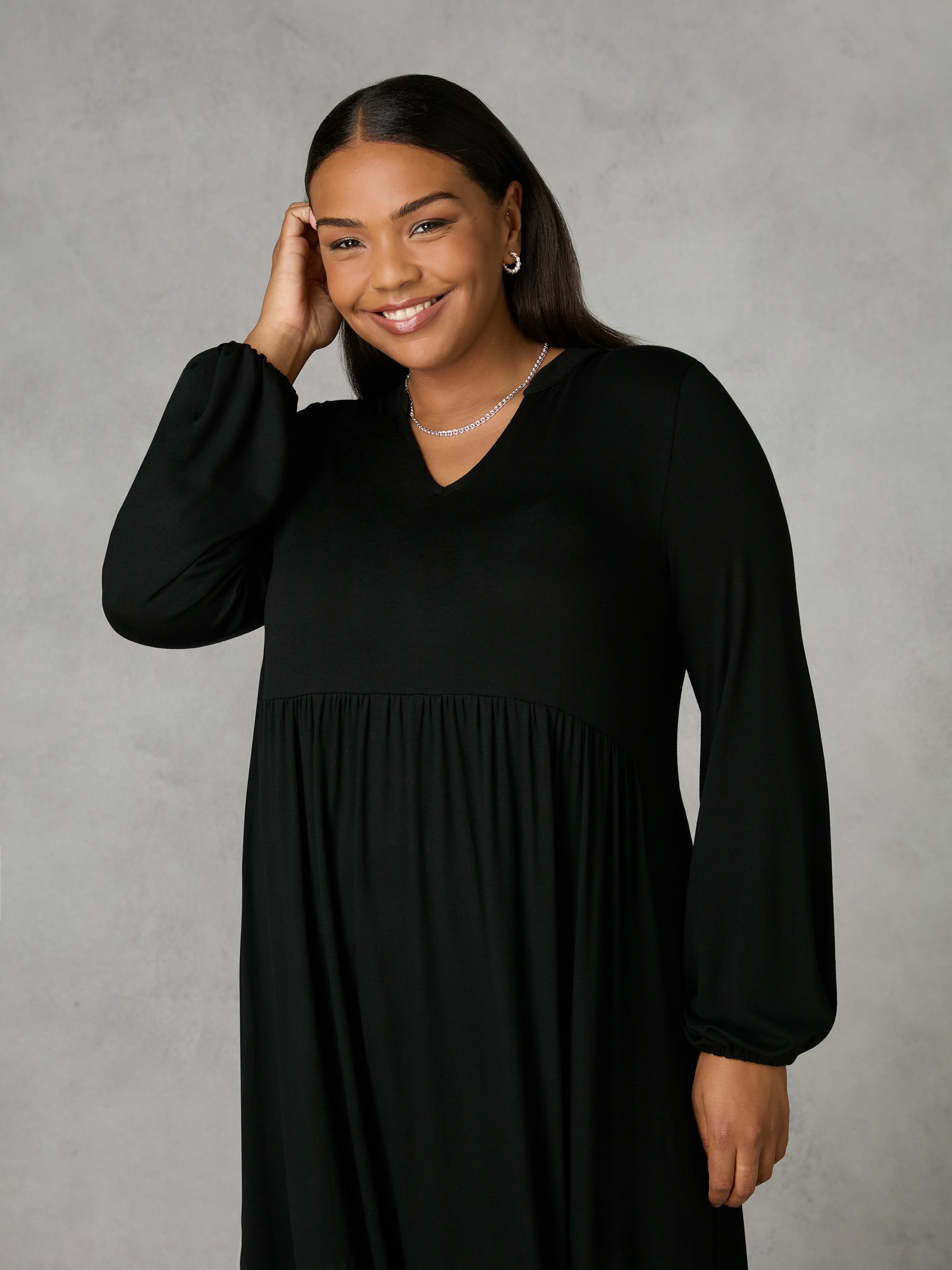 Black Jersey Nehru Collar Relaxed Dress