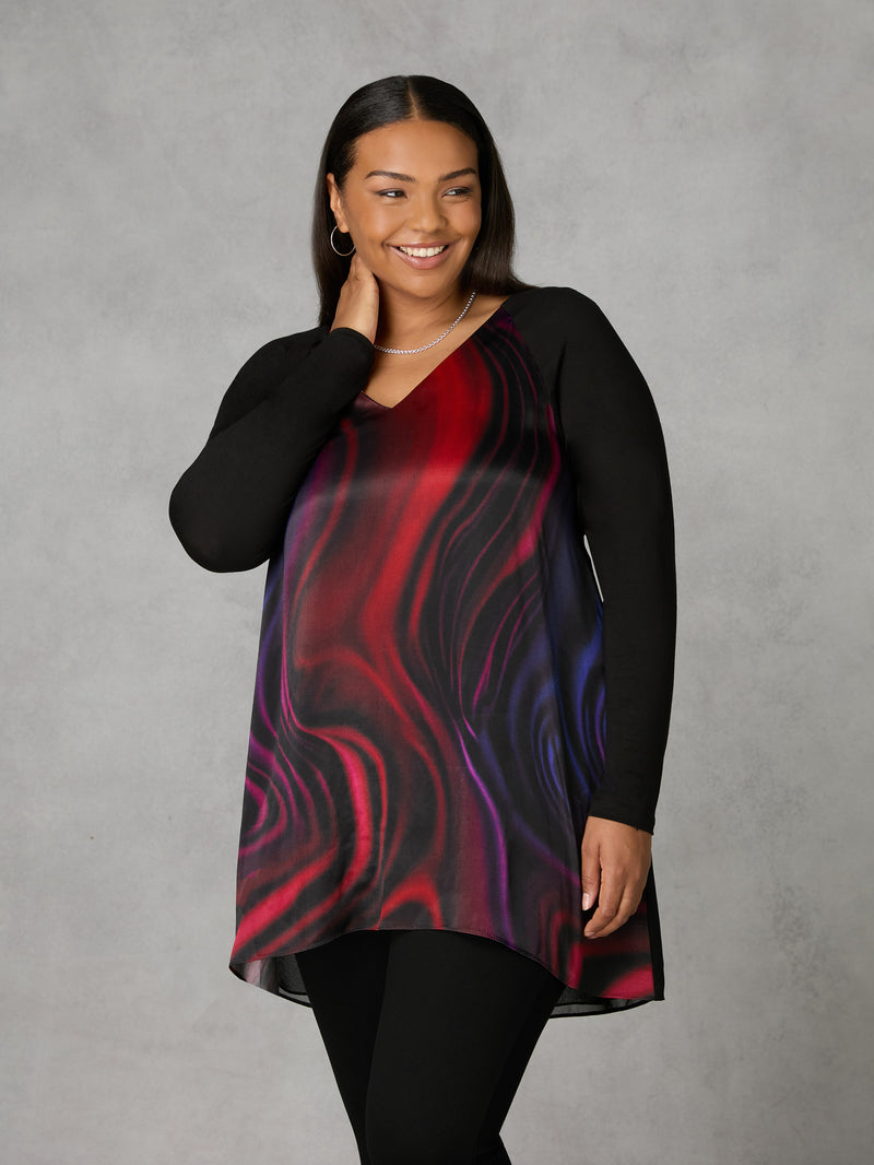 Multi Swirl Print Satin Front High Low Tunic