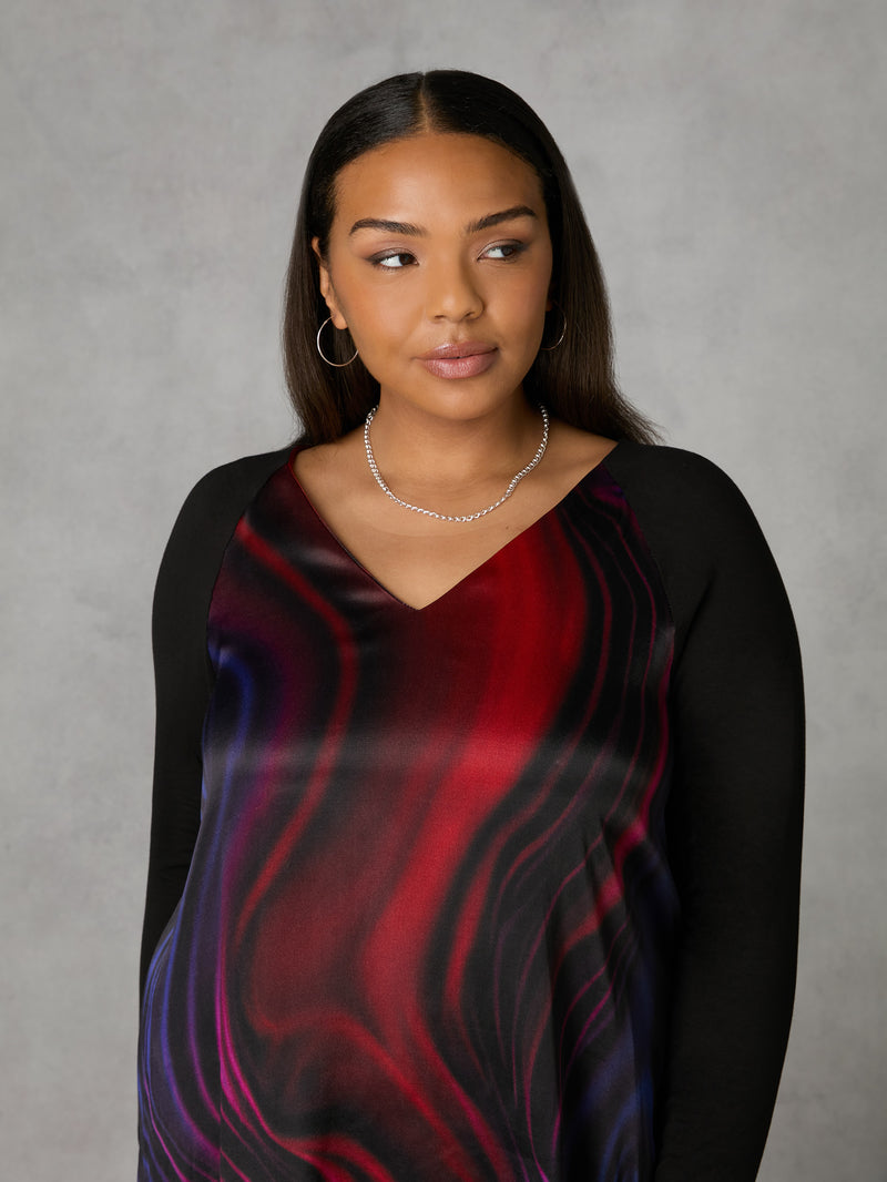 Multi Swirl Print Satin Front High Low Tunic