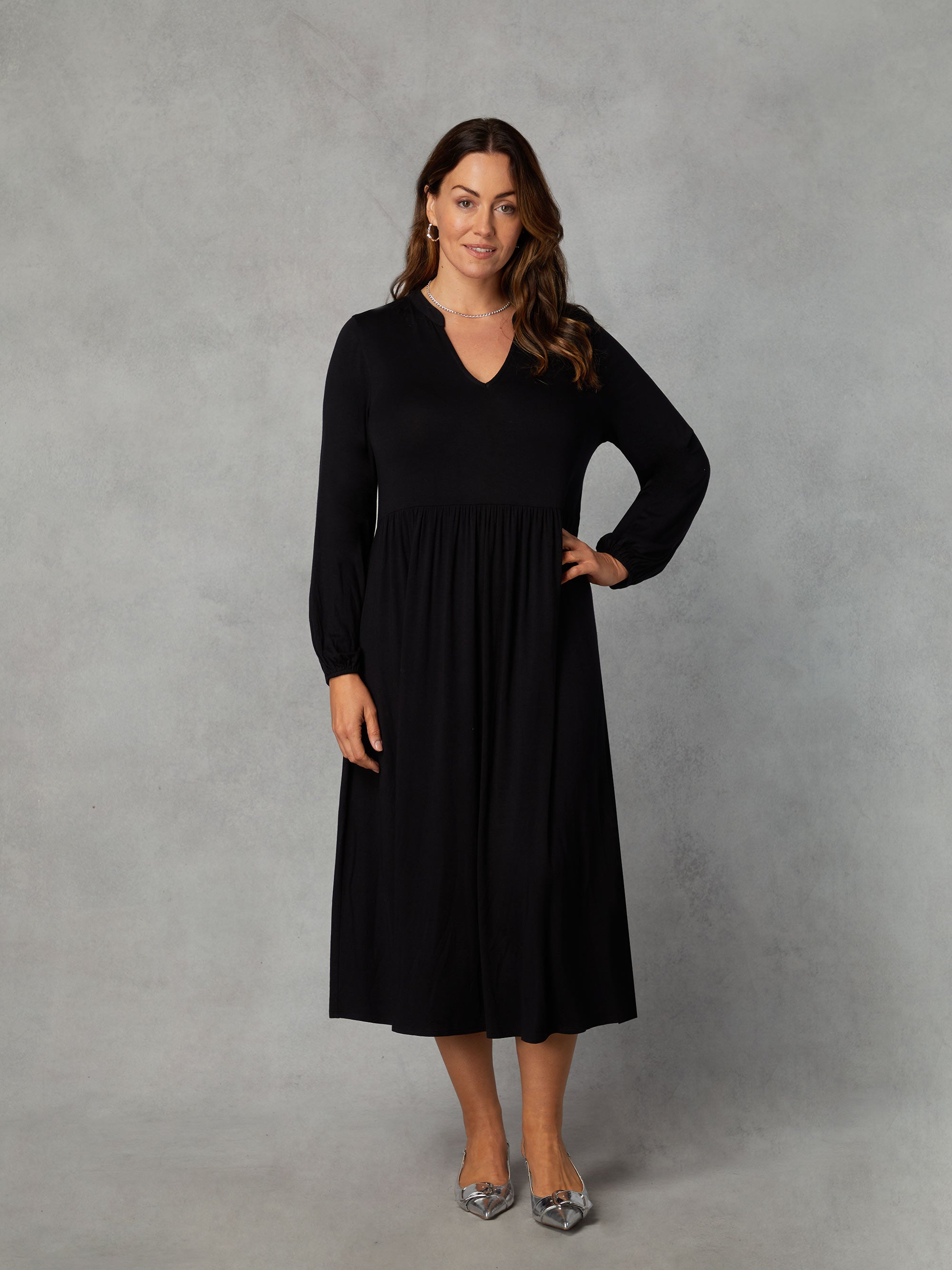 Petite Black Jersey Nehru Collar Relaxed Dress