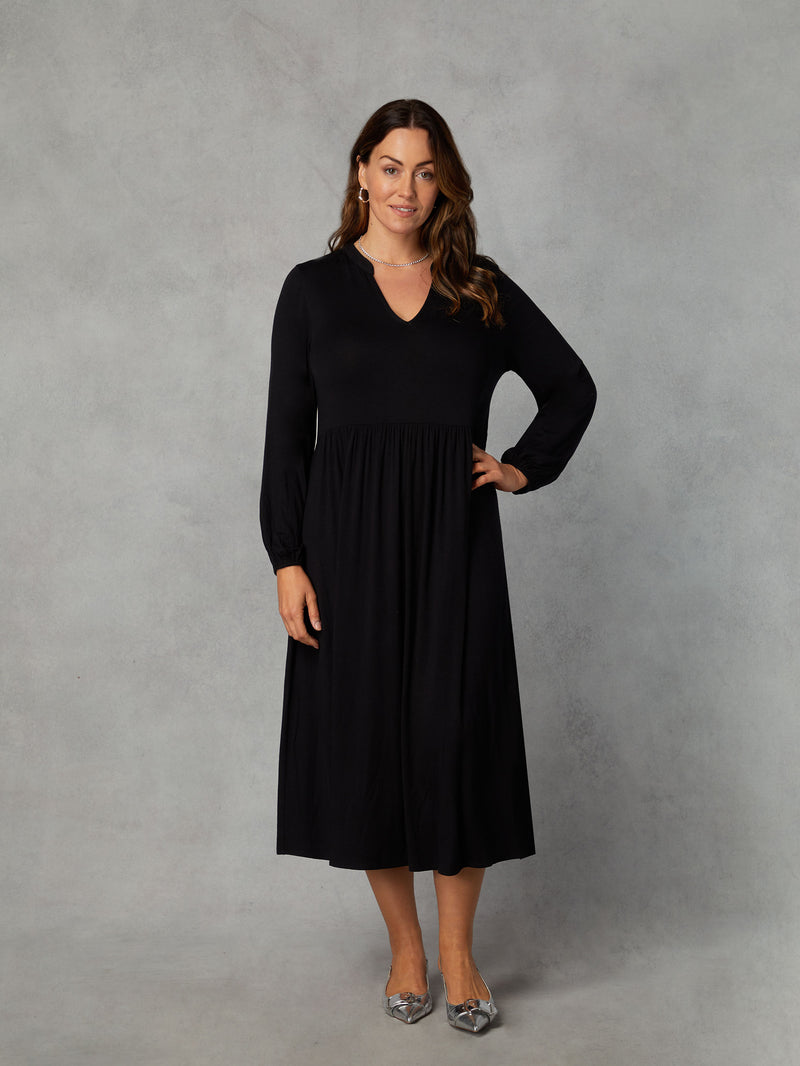 Petite Black Jersey Nehru Collar Relaxed Dress