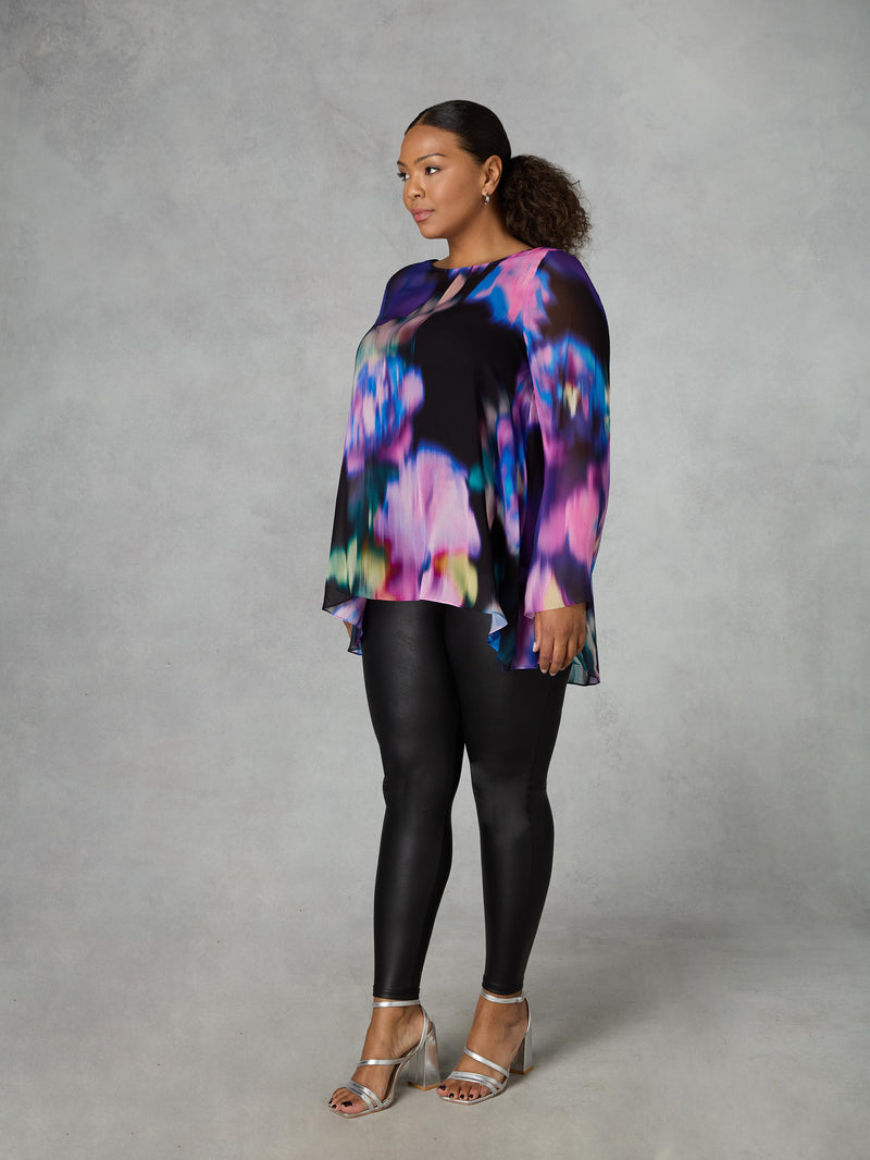 Multi Floral Print Chiffon High Low Top