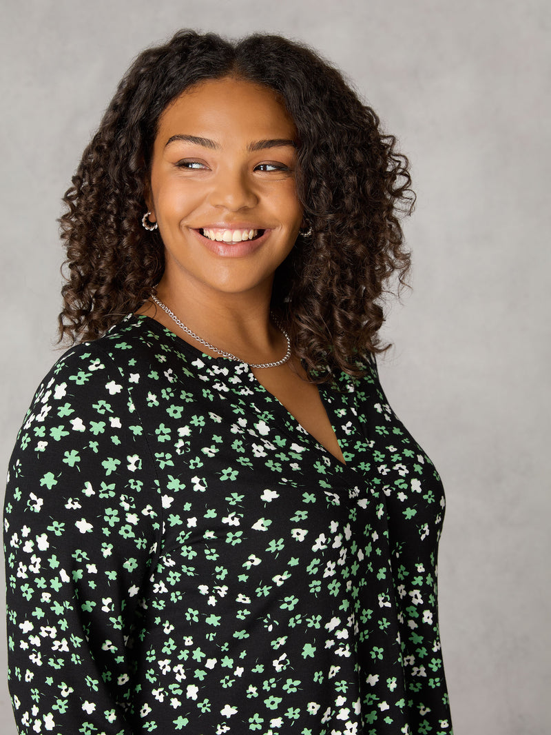 Green Ditsy Print Jersey Notch Front Top