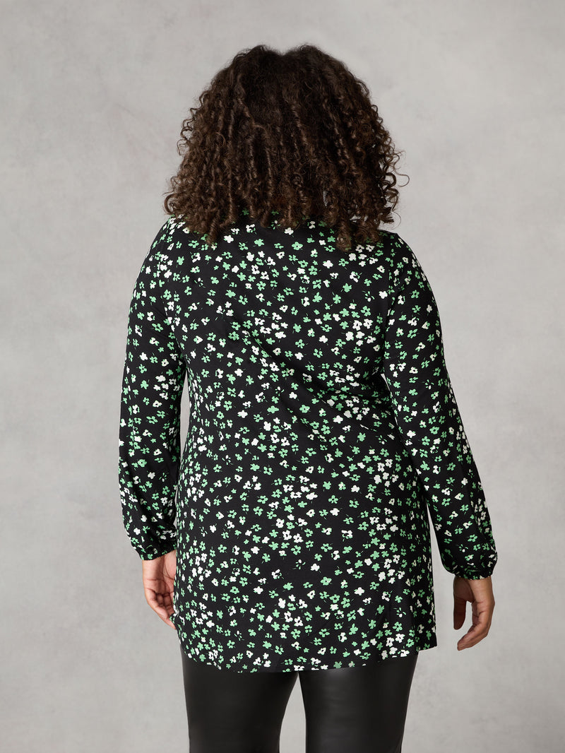 Green Ditsy Print Jersey Notch Front Top