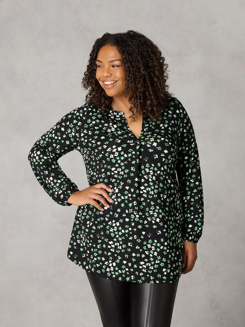 Green Ditsy Print Jersey Notch Front Top