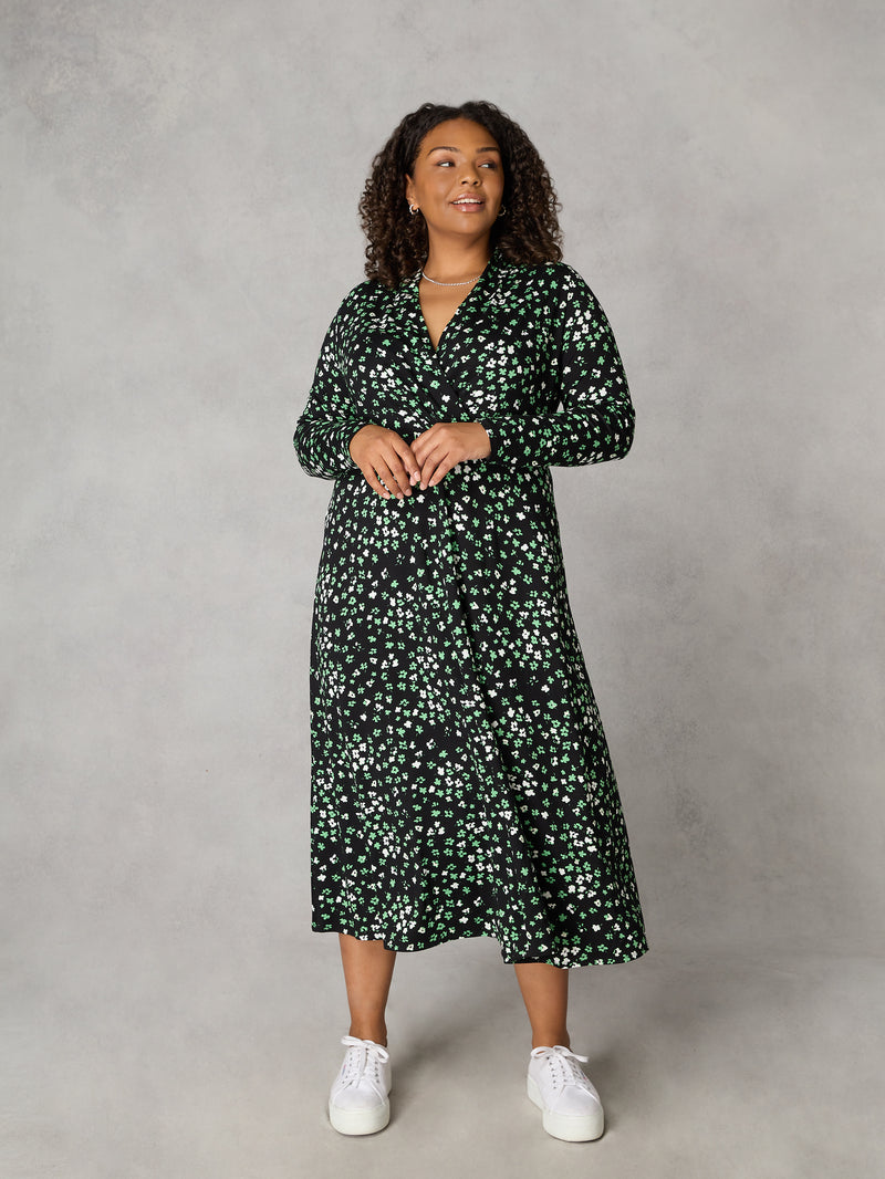Green Ditsy Shawl Collar Midi Dress
