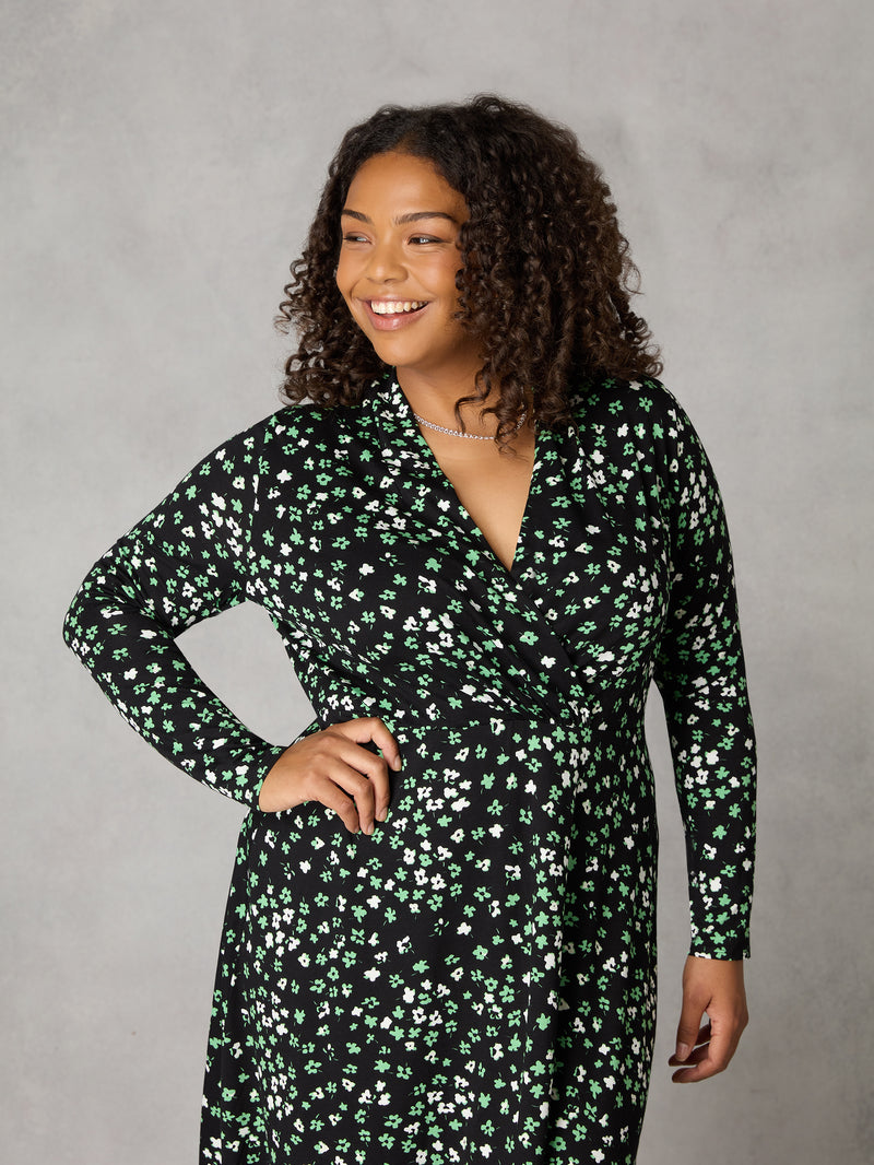 Green Ditsy Shawl Collar Midi Dress