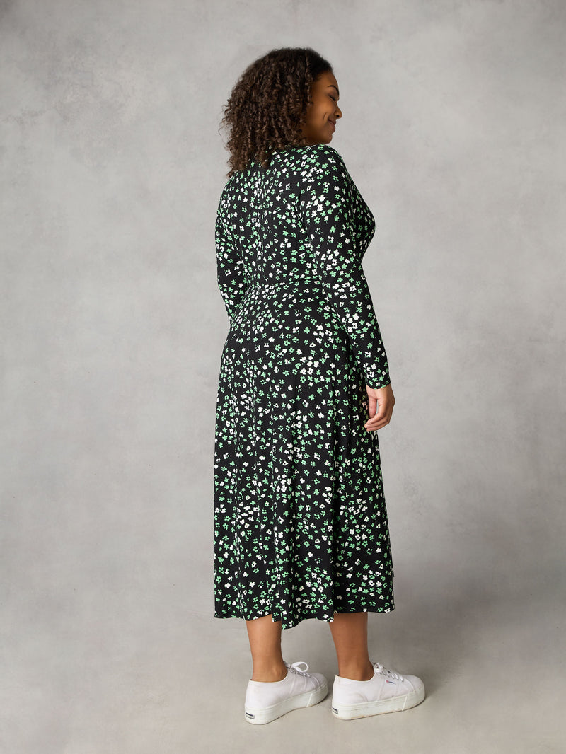 Green Ditsy Shawl Collar Midi Dress