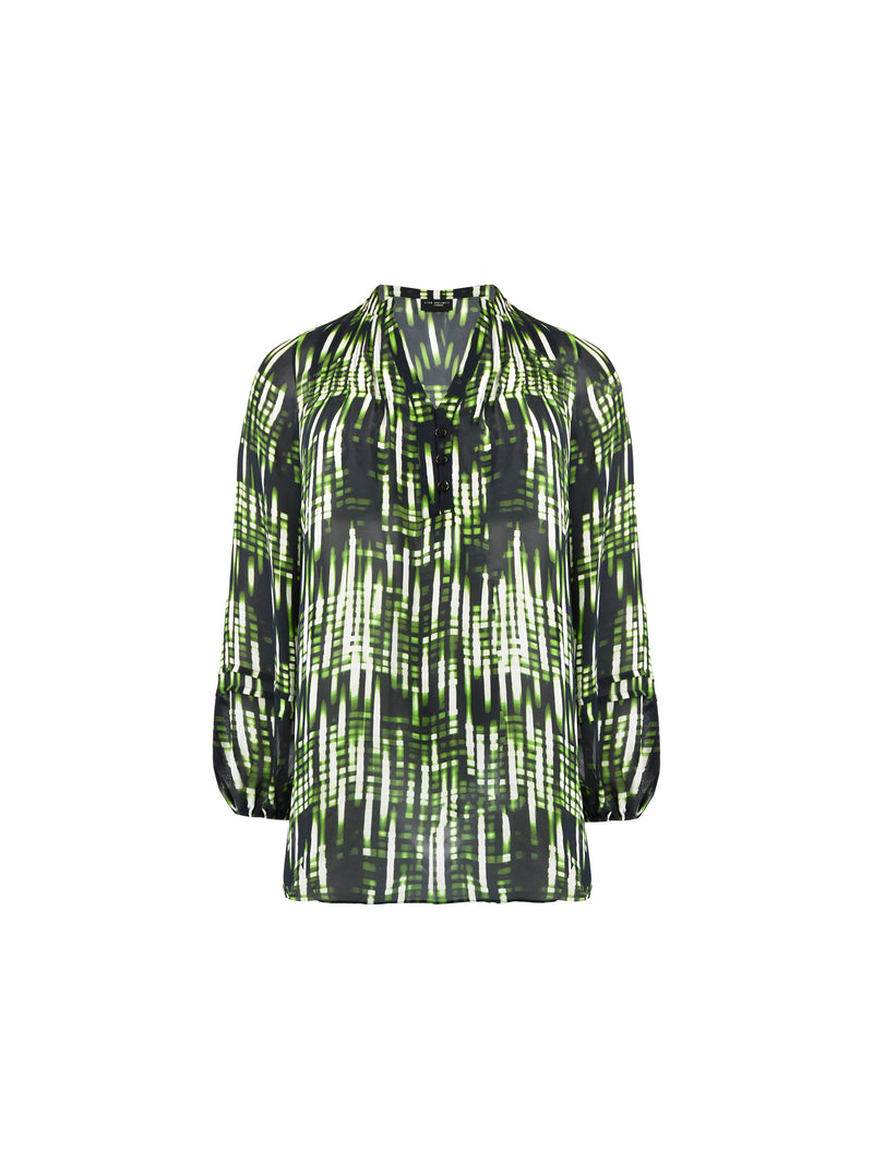 Green Blurred Print Pintuck Blouse