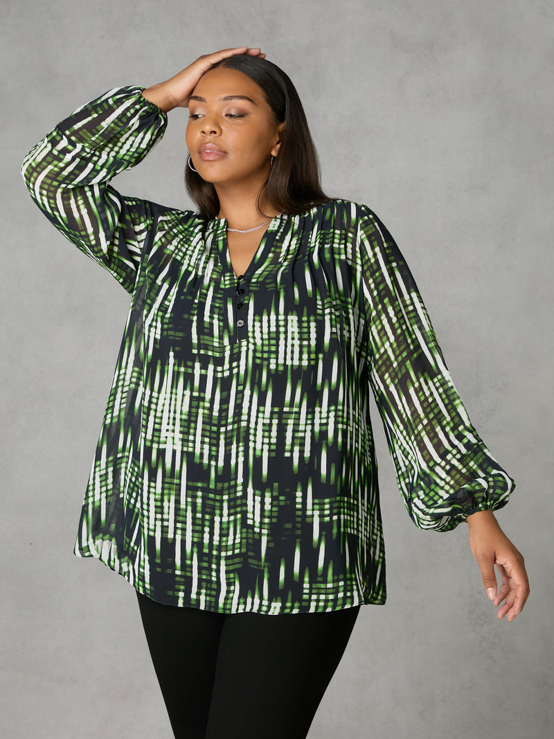 Green Blurred Print Pintuck Blouse