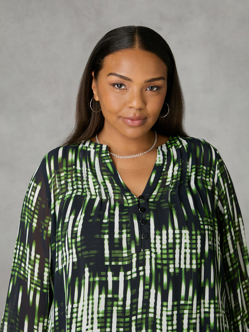 Green Blurred Print Pintuck Blouse