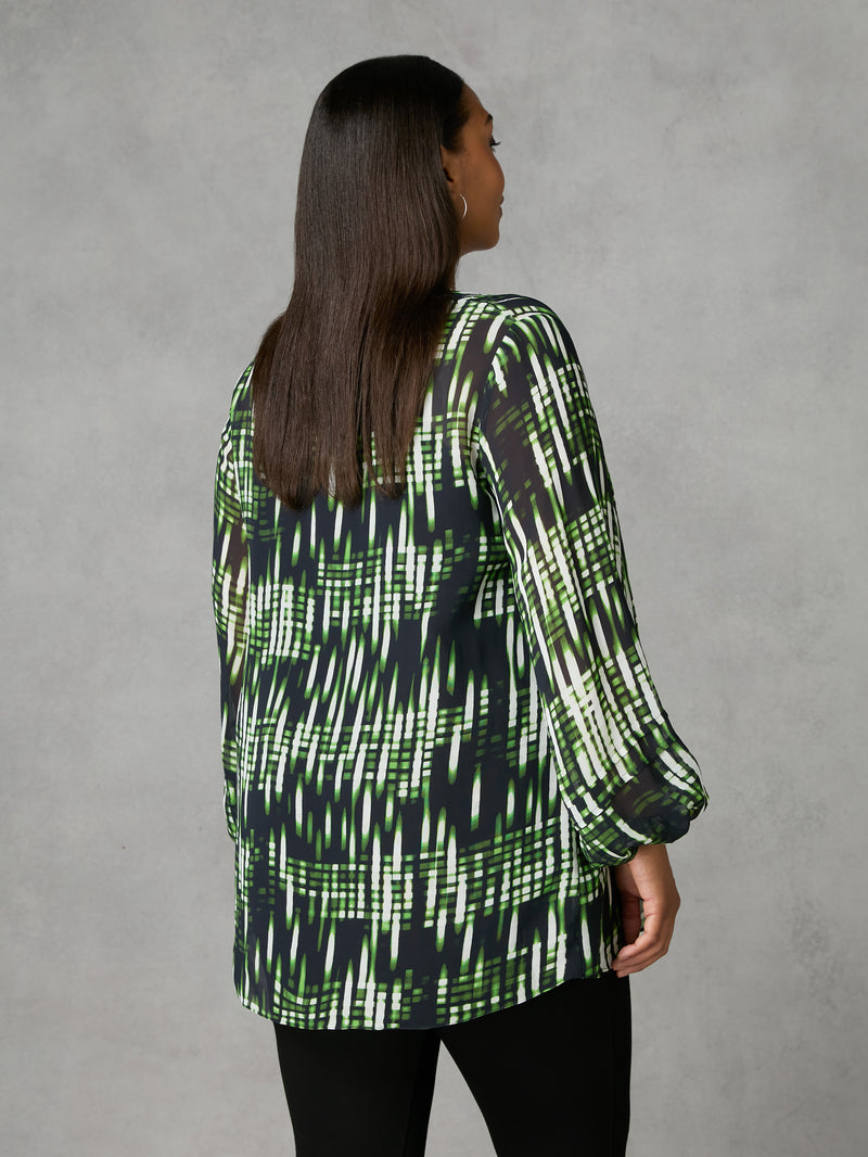 Green Blurred Print Pintuck Blouse