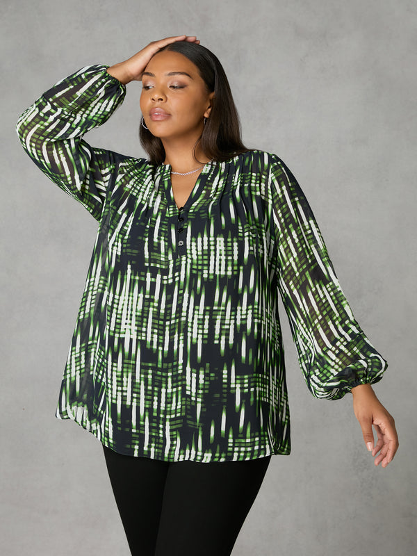 Green Blurred Print Pintuck Blouse