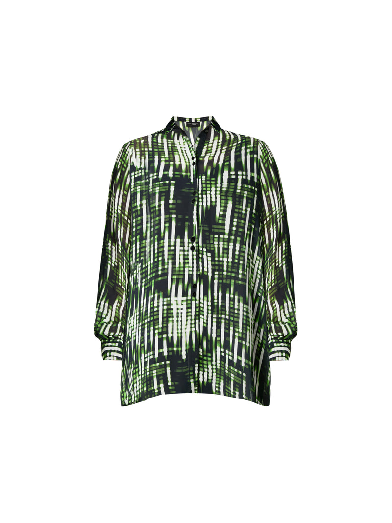 Green Blurred Print Button Through Hanky Hem Shirt