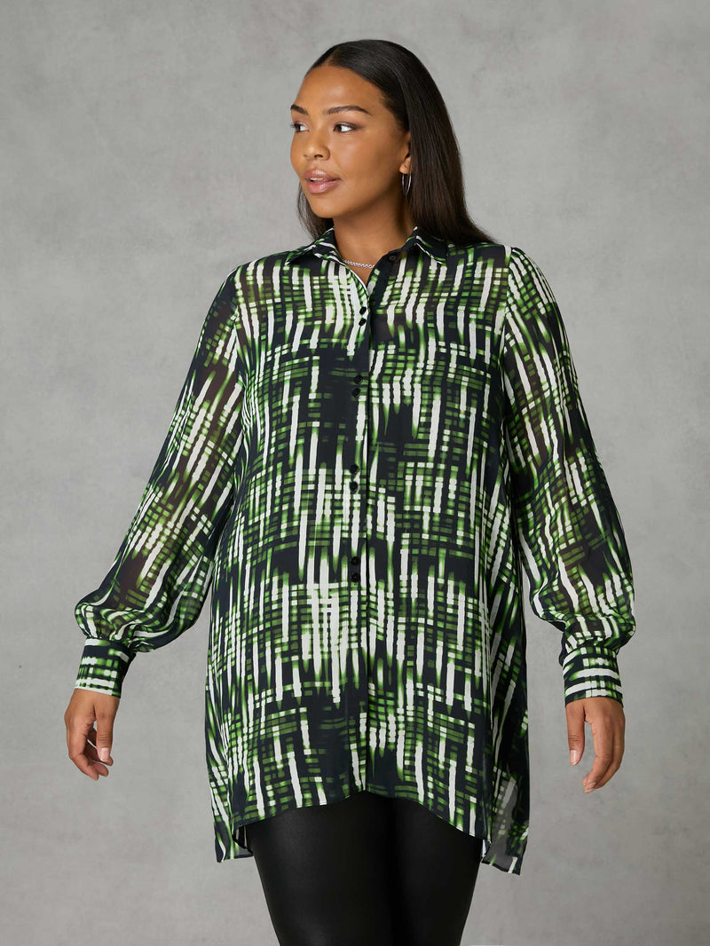 Green Blurred Print Button Through Hanky Hem Shirt