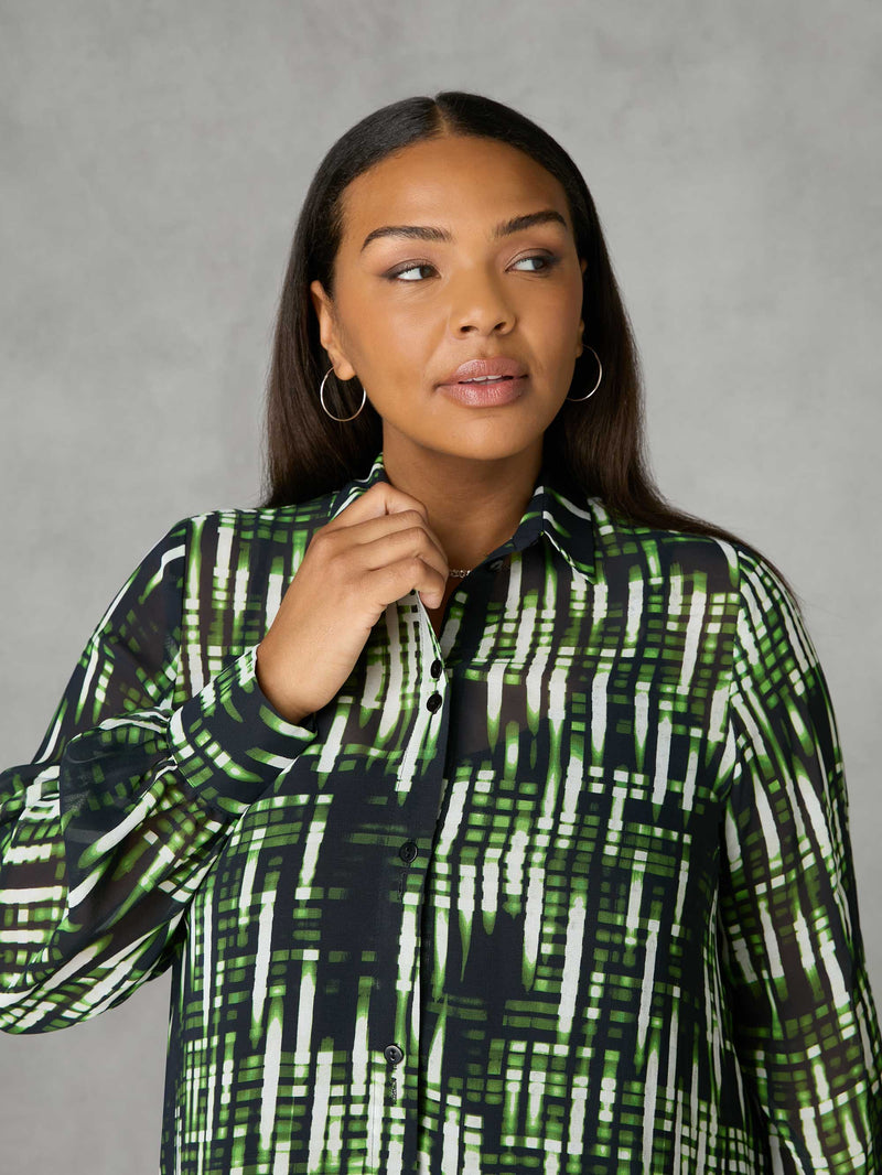 Green Blurred Print Button Through Hanky Hem Shirt