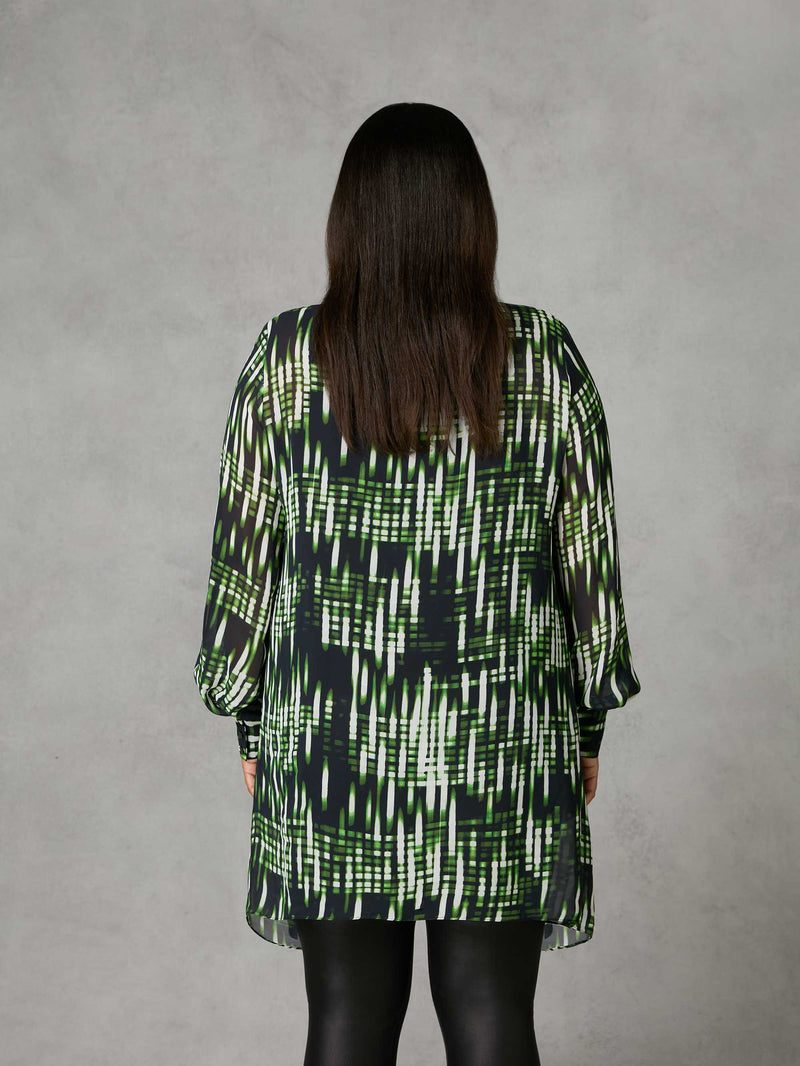 Green Blurred Print Button Through Hanky Hem Shirt