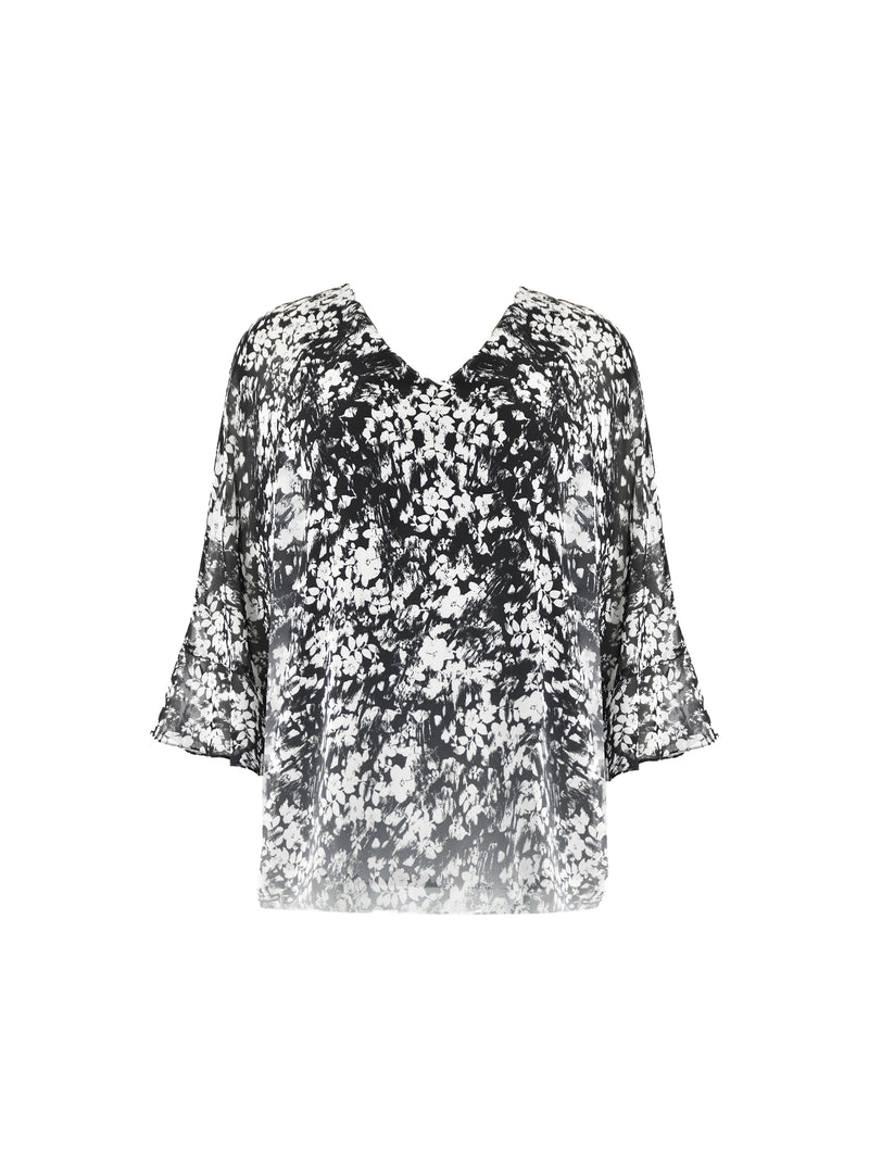Mono Floral Print Flute Sleeve Overlay Top
