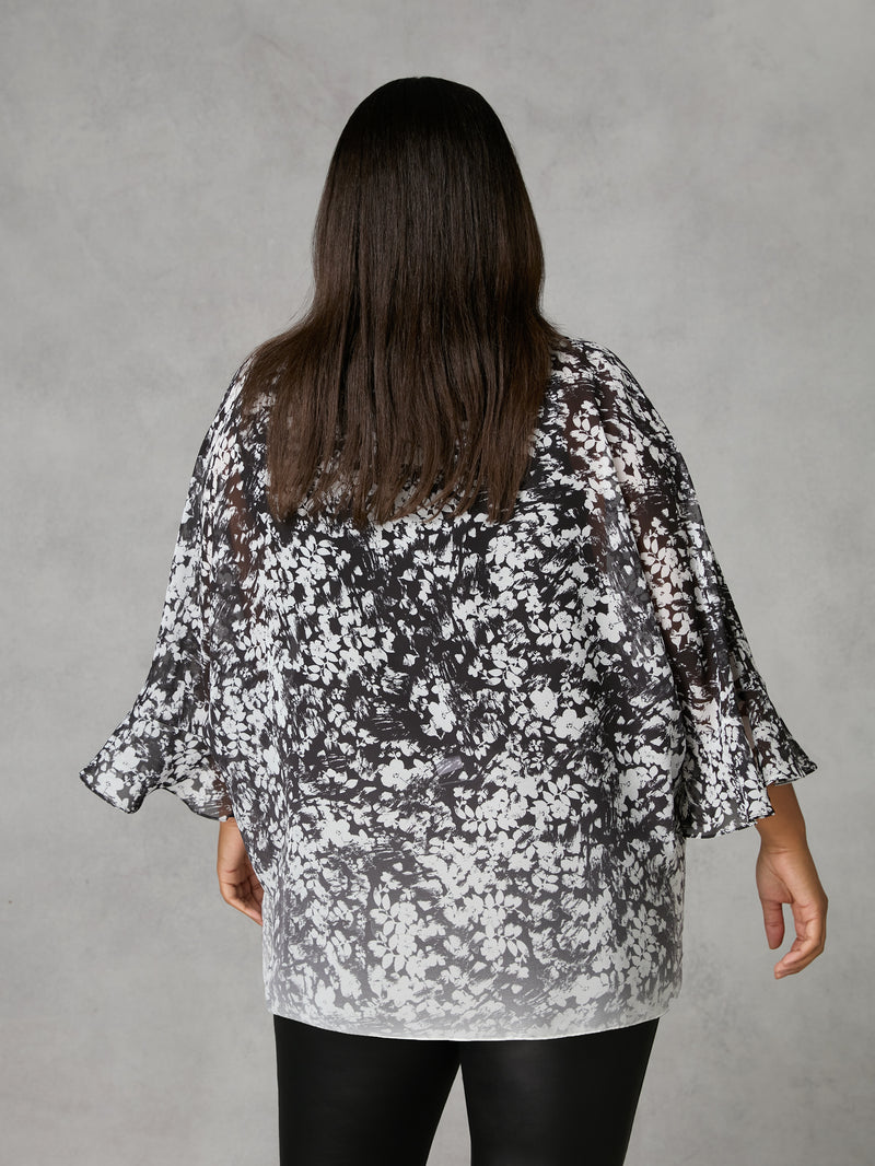 Mono Floral Print Flute Sleeve Overlay Top