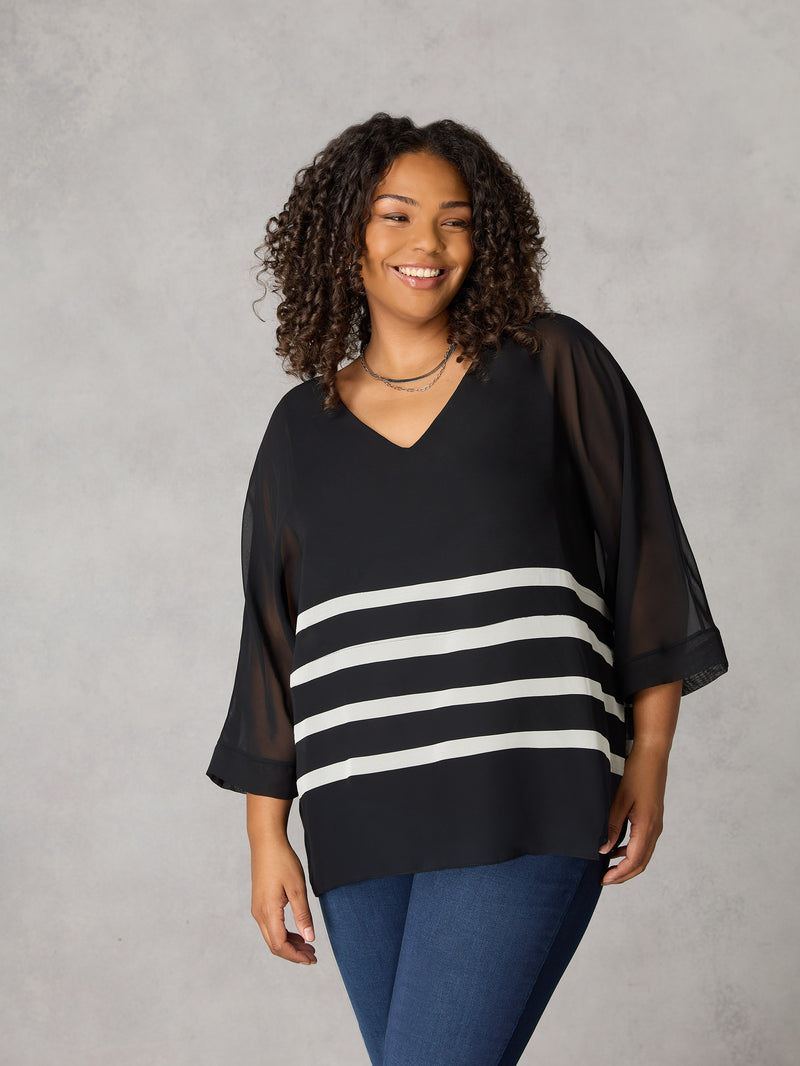 Black Stripe Chiffon V-Neck Overlay Top