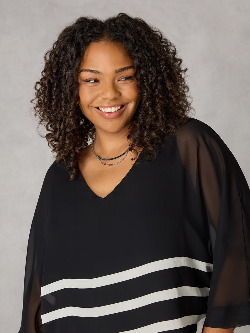 Black Stripe Chiffon V-Neck Overlay Top