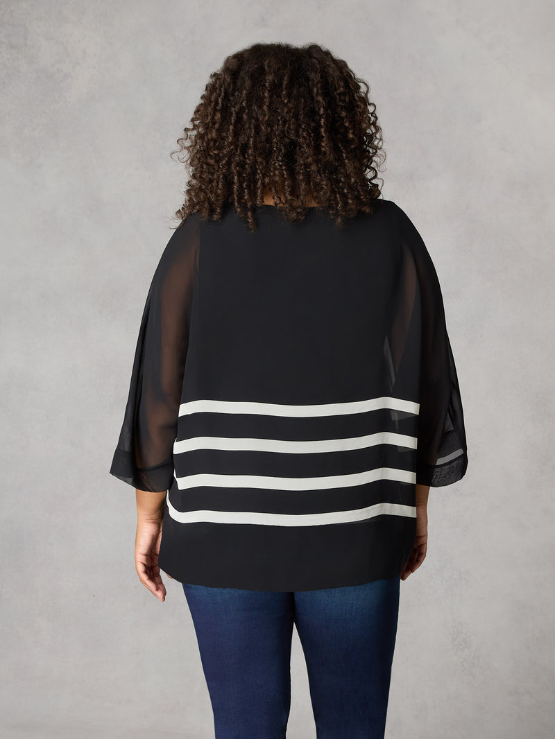 Black Stripe Chiffon V-Neck Overlay Top