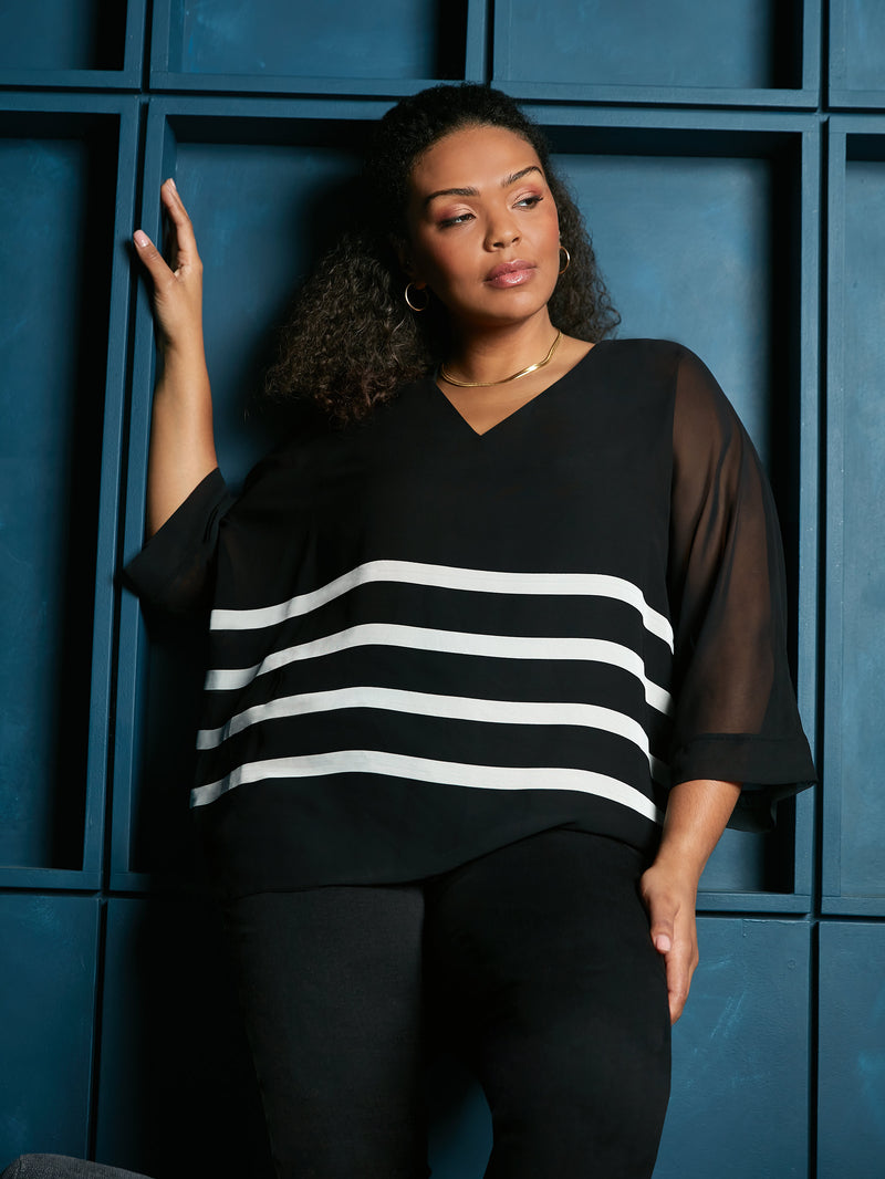 Black Stripe Chiffon V-Neck Overlay Top