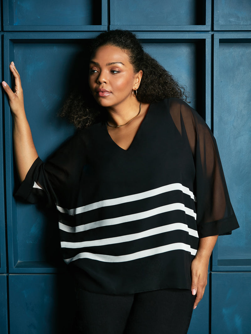 Black Stripe Chiffon V-Neck Overlay Top